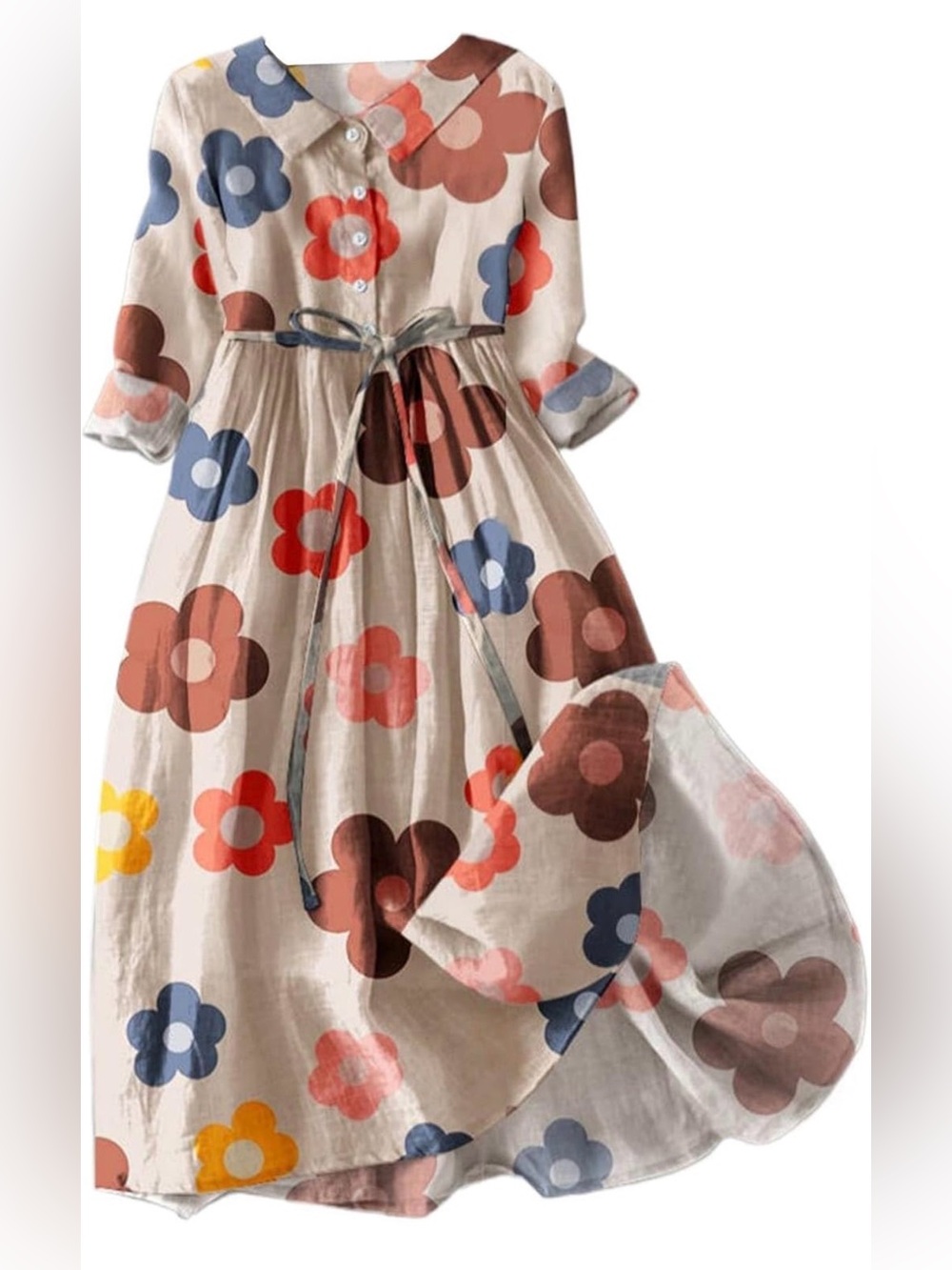 Women’s Floral Tie-Waist Long Sleeve Dress - Cream with Multi-Color Flowers - Picture 4 of 4